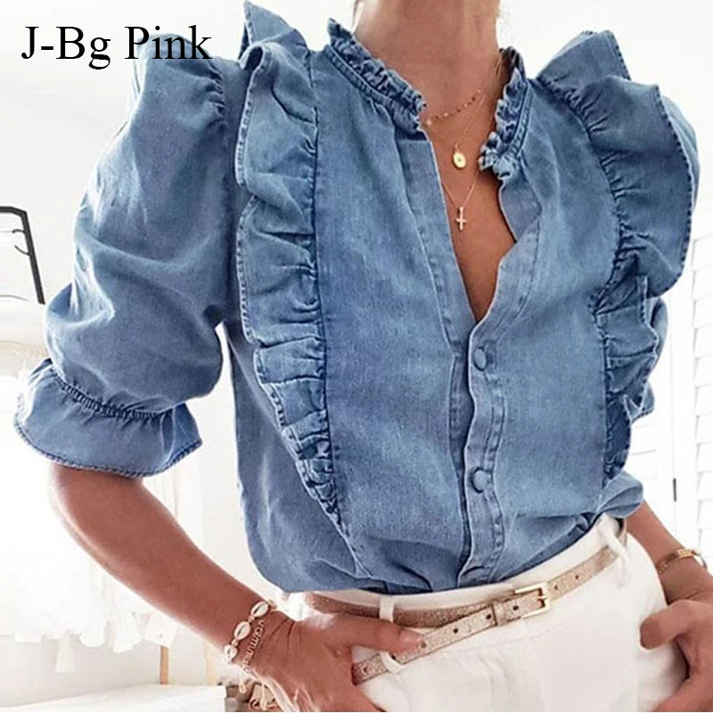Prezzo Donne di Inverno di autunno Allentata Camicia di Jeans Casual di Colore Solido Delle Increspature Maniche A Palloncino Camicetta Blu Elegante Femminile Della Signora Blouse Top T shir