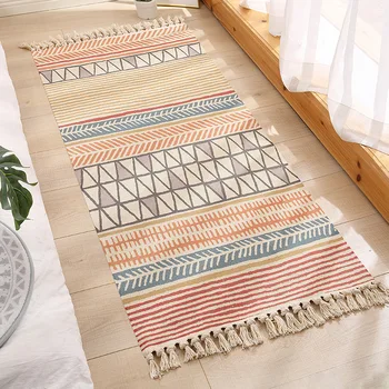 

Cotton Linen Tassel Floor Carpet Retro Bedroom Mat Bedside Foot Pad Environment Printing Weave Bath Rug Living Room Carpet