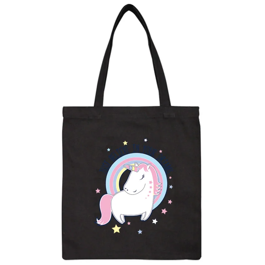 

Korean Style Cute Unicorn Print Canvas Bag Women Eco Reusable Foldable Shoulder Bag Handbag Tote Bag Cool Women Package Bag
