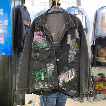 

2020 Spring Clothing New INS Loose-Fit Dneim Jacket Outwear Women Lettered Graffiti Retro Cowboy Jackets Lady Casual Streetwear