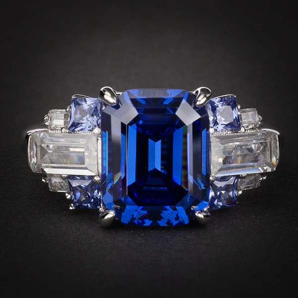 Не поддельные 8*10 мм изумрудная огранка S925 Серебряное кольцо SONA алмаз Halo Тонкий Цитрин Сапфир Аметист Рубин цветной бриллиант - Gem Color: Blue