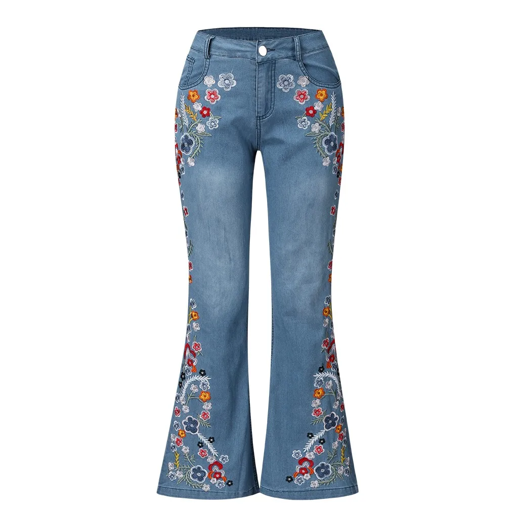KANCOOLD женские брюки с вышивкой, расклешенные джинсы с пуговицами на талии, расклешенные джинсовые штаны, модные новые женские джинсы 2019Oct31