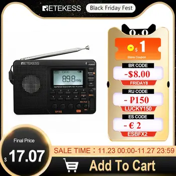 

Retekess V115 FM/AM/SW Radio Receiver Bass Sound MP3 Player REC Recorder Portable Radio with Sleep Timer TF card Portable Pocket