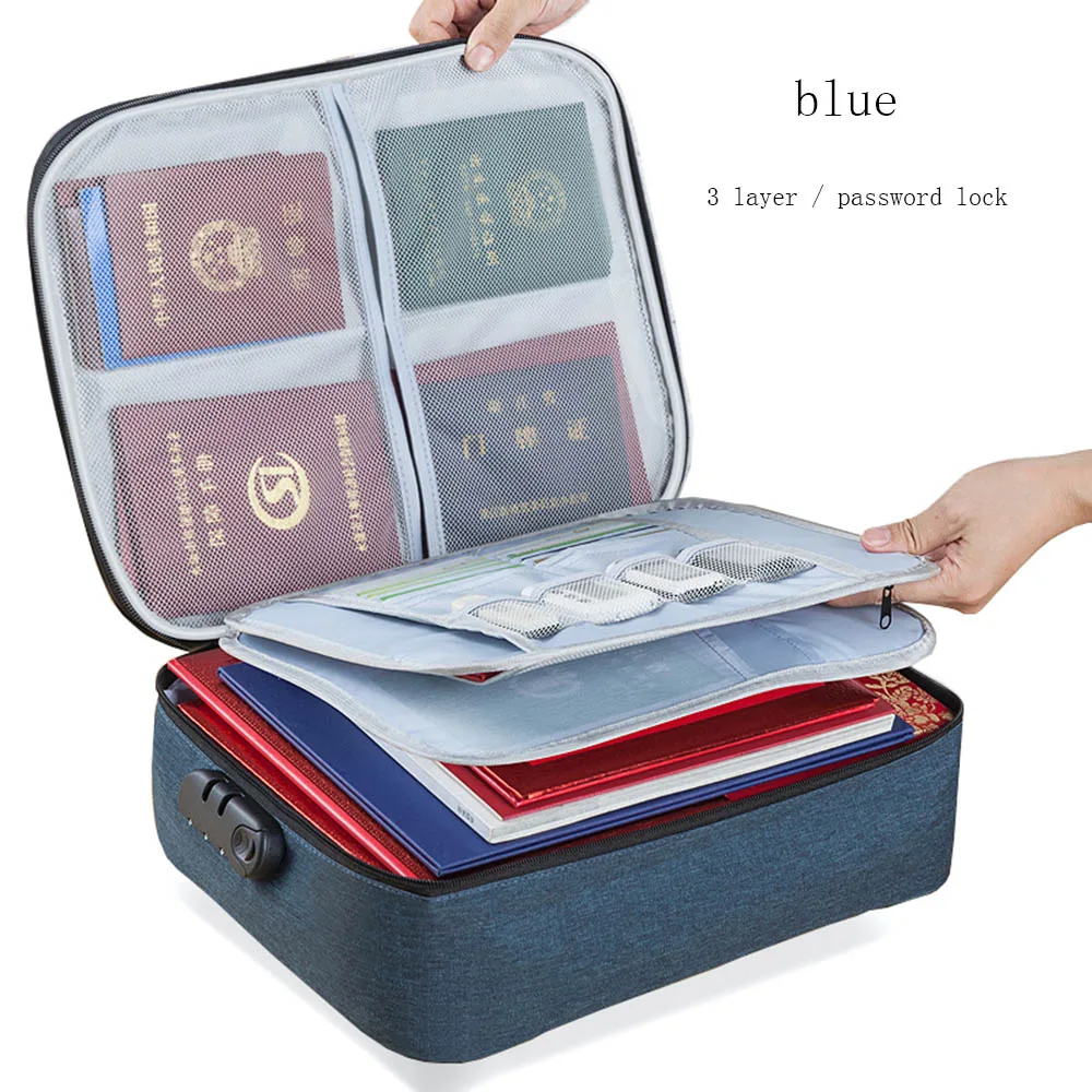 blue-password lock Сумка для хранения документов, бытовая многослойная Большая вместительная многофункциональная сумка, отделочная сумка для паспорта, одиночная цепная посылка для карт - Цвет: blue-password lock