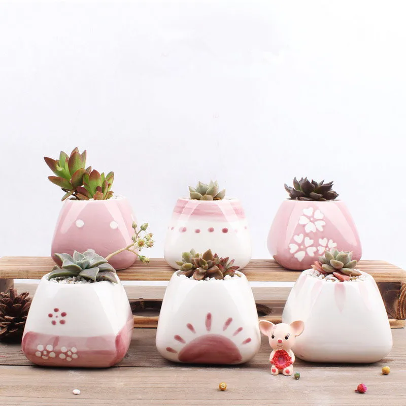 

6pcs/set Mini Ceramic Cute Pink Flower Pot Bonsai Small Pots for Flowers Succulent Planter Garden Balcony Decoration Bonsai Pot