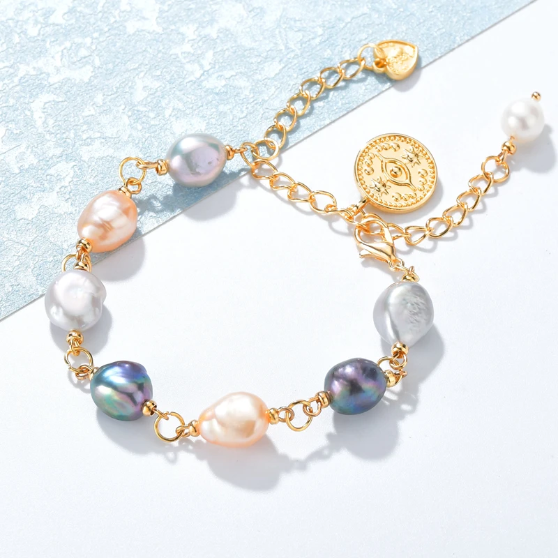 

New Multicolor Irregular Freshwater Pearl Bracelet For Women Charm Baroque Adjustable Heart Shaped Pendant Bangle Female Jewelry