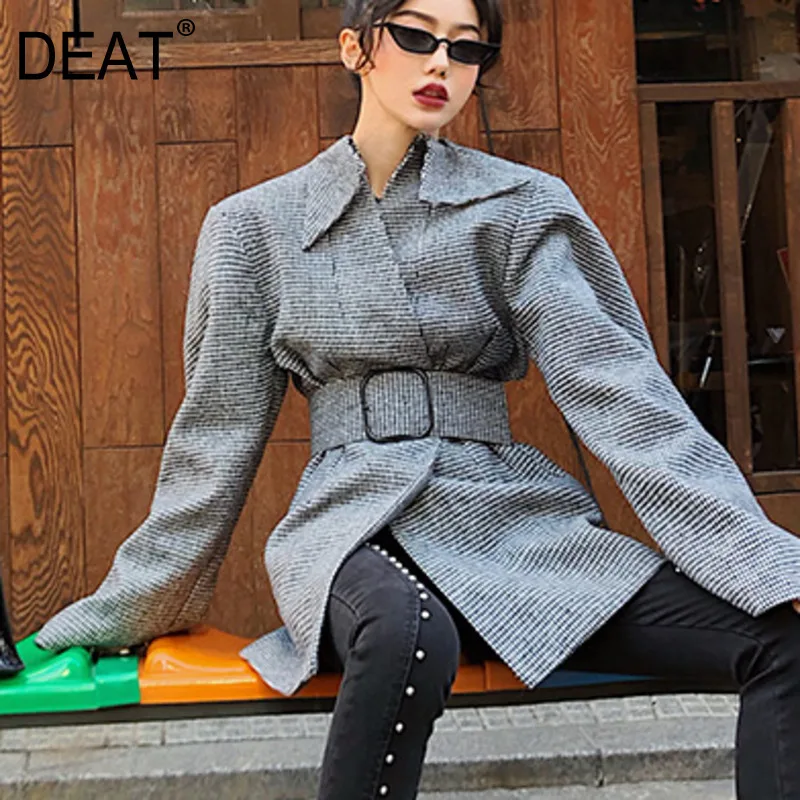 

DEAT 2019 new autumn and winter fashion turn-down collar full sleeves plaided gray high waist lantern jacket wool WJ06702
