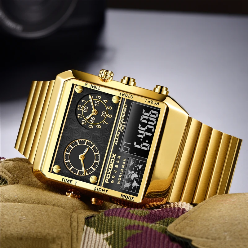 Montre carrée créative pour hommes, montre-bracelet en acier inoxydable doré, étanche, à Quartz, horloge numérique_voghion.com