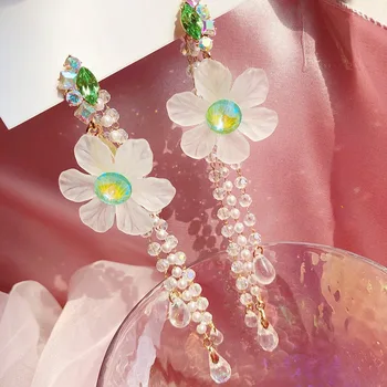 

MENGJIQIAO Korean Fashion Green Crystal Flower Petal Drop Earrings Mujer Moda Elegant Pearl Tassel Pendientes Holiday Jewelry