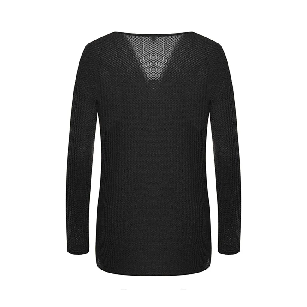 Jaycosin Fashion Casual Lady Long Sleeve V-neck Sweater Stylish Comfortable Soft Solid Color Knitting Slim Blouse Sweater Tops