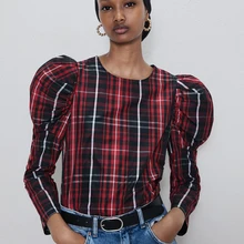 RR Puff Sleeve Blouses Women Fashion Vintage Plaid Printed Shirts Women Elegant O Neck Tops Female Ladies HS