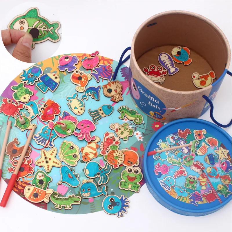 

Magnetic Fishing Infant Child Small Cat And Fish Set GIRL'S And BOY'S Baby Educational Force Wooden Play Age of 3-5