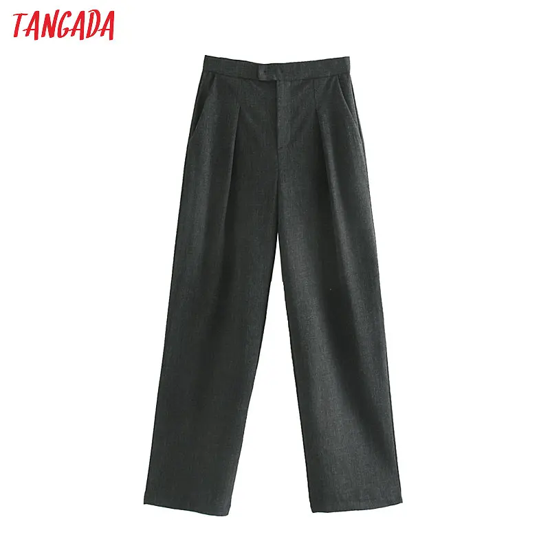 Tangada для женщин серый костюм брюки для девочек сзади лук молния карманы Винтаж элегантный работы дамы длинные брюки JE68