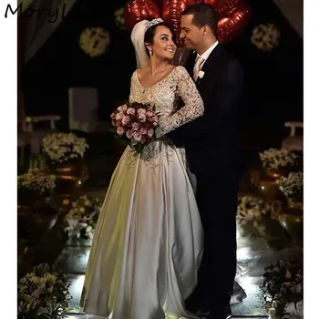 

Elegant Wedding Dresses Long Sleeves Floor Length Lace Applique Crystal Satin Sweep Train Wedding Dresses vestido de noiva
