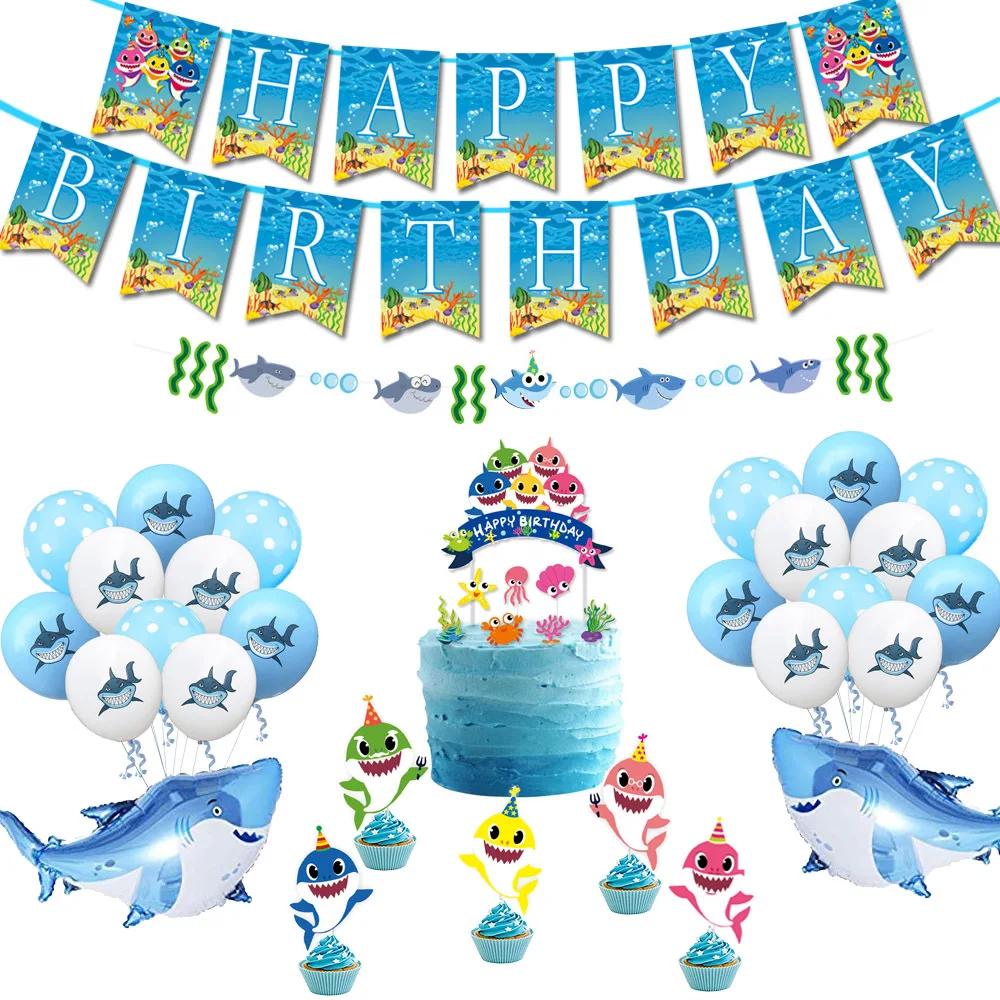 

Baby Shark Birthday Party Set Shark Balloon Baby Shower Birthday Party Decorations Kids Baby Shark Blue Banner Cake Toppers