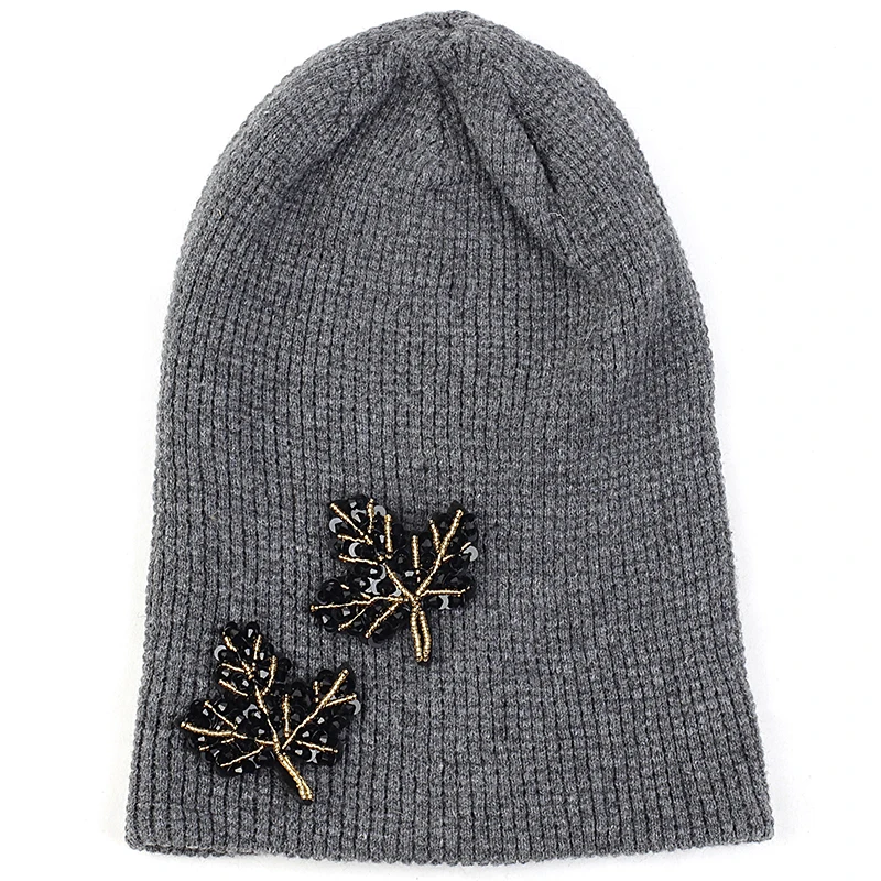 Geebro для взрослых кашемировая шапочка с 2 кленовые листья аксессуары осень-зима теплая шапка для взрослых шапки Кепки - Цвет: black dark gray