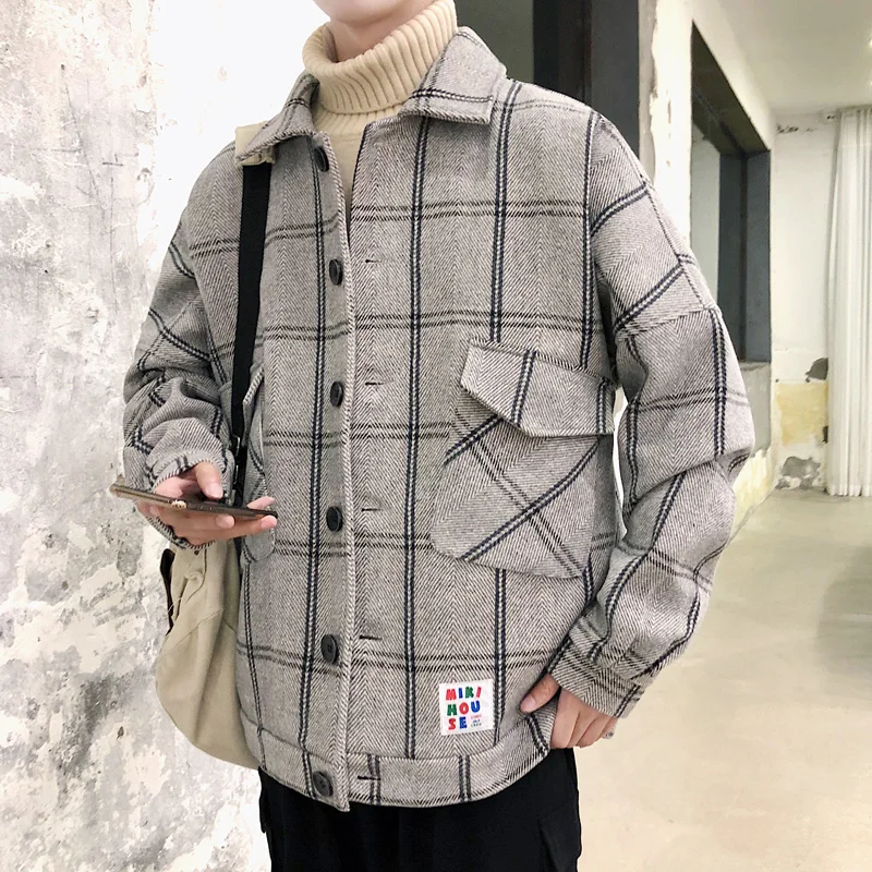 

YASUGUOJ Fashion Plaid Men Wool Jacket Man Coats Winter 2019 Casual Loose Checkered Overcoat Single Breasted Monclaire Jacket