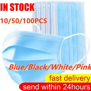 

10/50/100pcs Mask Disposable Nonwove 3 Layer Ply Filter Mask Mouth Face Mask Filter Safe Breathable Protective Masks In Stock