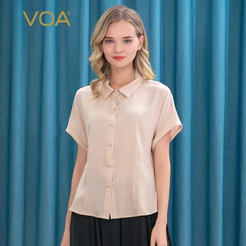 

VOA silk shoulder short-sleeved fashion curled single-row twisted button yoke pleated linear waist skin-friendly shirt BX031