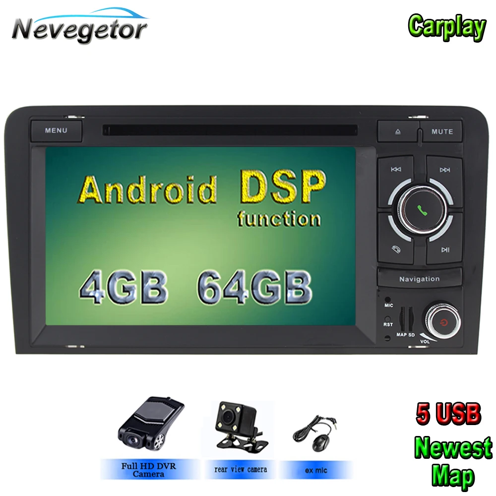 5 USB Android 10 автомобильный мультимедийный DVD радио плеер для Audi A3 2002-2011 S3 RS3 GPS