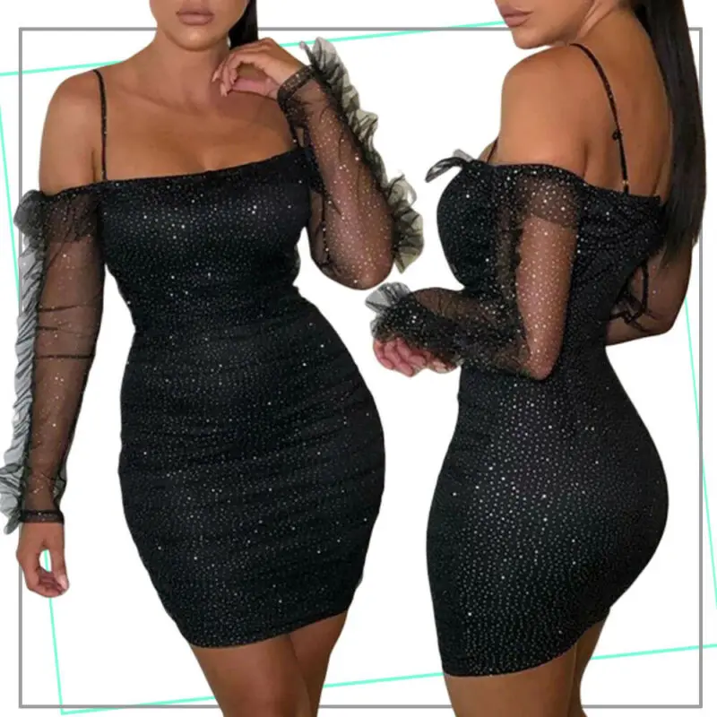 

Women Ladies Bandage Slim Dress 2020 New Summer Bodycon Long Sleeve Evening Party Club Mini Dress Black Sparkle Sequins Dresses