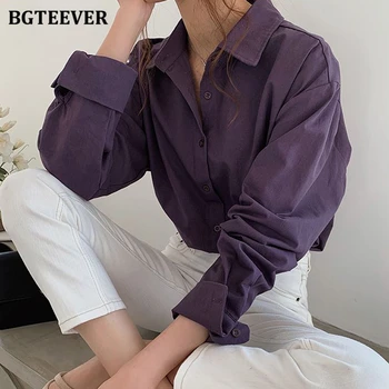 BGTEEVER Vintage Turn-down Collar Women Blouse Shirts Autumn Winter Thicken Female Blouse Tops Workwear Purple Shirts 2020 1