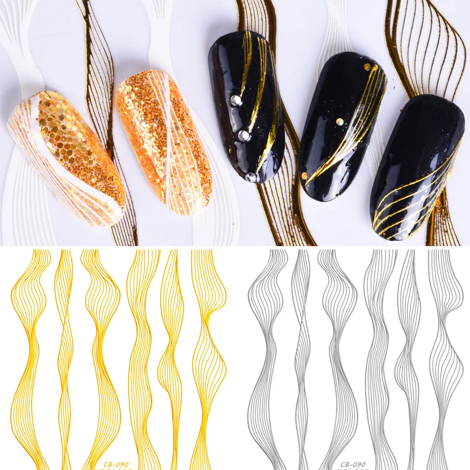 1 шт. 3D наклейки для ногтей золотые металлические волнистые полосы линии ленты дизайн наклейки фольги ползунки наконечники для украшения ногтей TRBP/CB