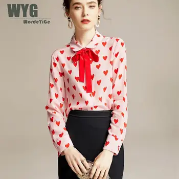 

Hearts Print Silk Blouses 2020 Spring New Arrival Office Lady Style Red Self Bow Tie Long Sleeve Elegant Shirts