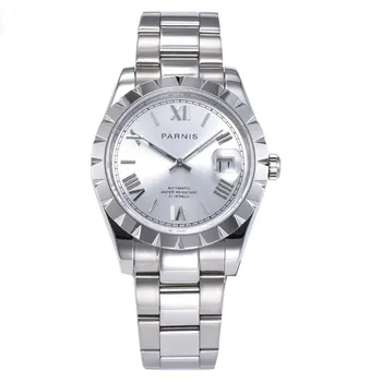 

Solid Parnis 39mm silver dial roman numerals date magnifier stainless steel deployment buckle automatic movement men's watch