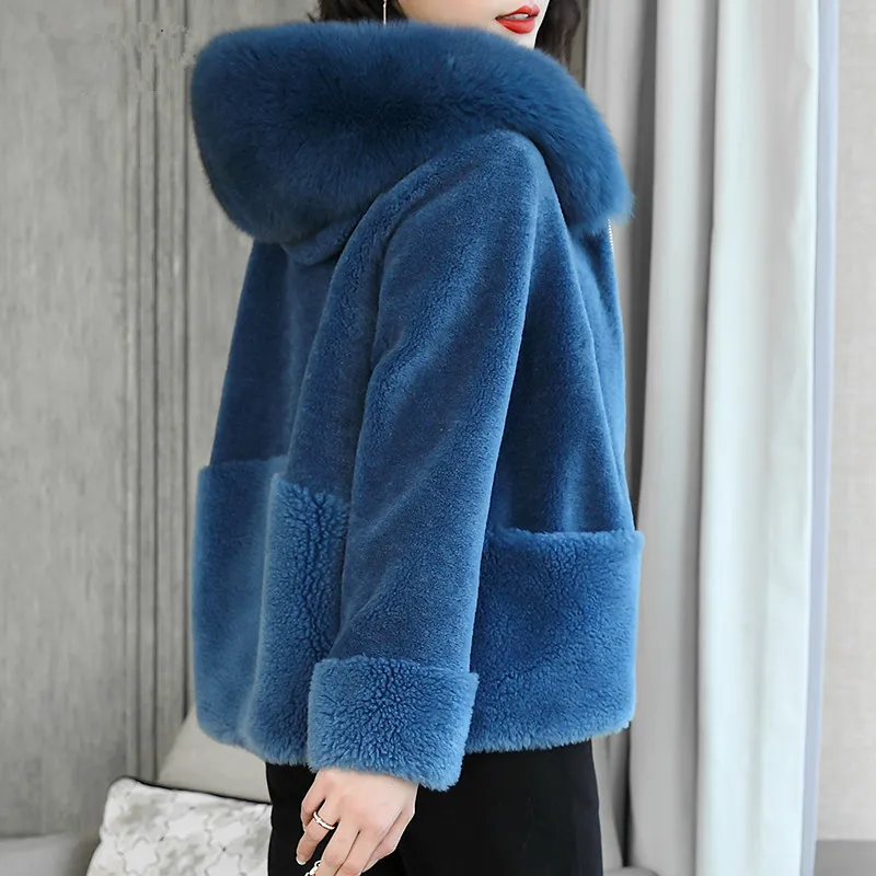 blue Новая бархатная Шуба с гранулами из овечьей шерсти, Женская куртка с воротником из лисьего меха, короткая женская блузка с капюшоном из овечьей шерсти - Цвет: blue