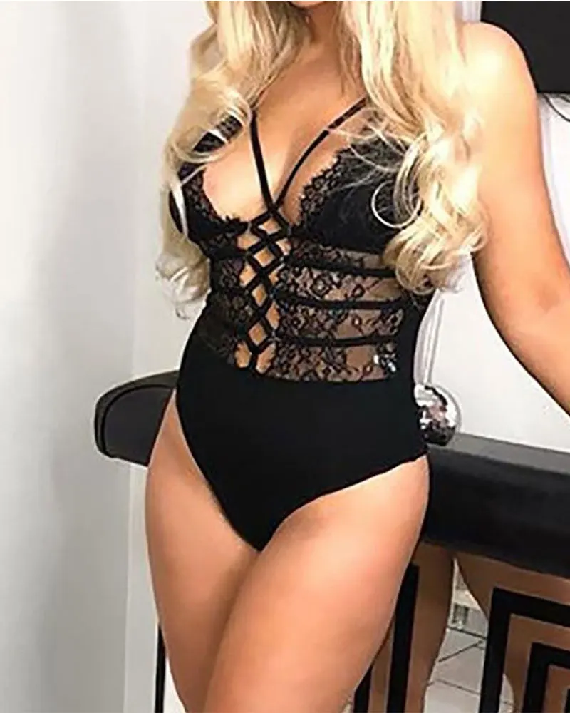 Buitifo Women Lace Bodysuit Sexy Eyelash Hollow Out Teddy One Piece Baby Mesh Lingerie See Through