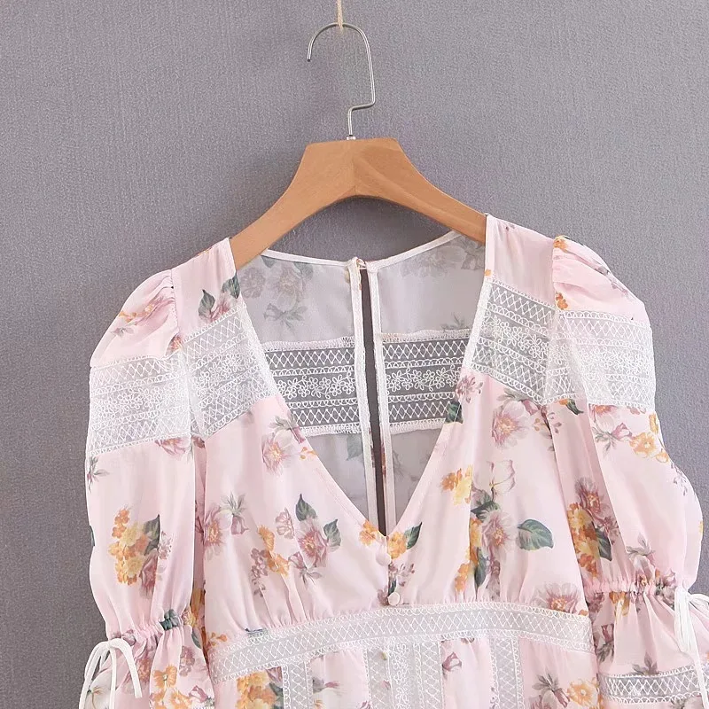 Vintage Flora Printed Lace Dress Women Half Sleeve V Neck Party Dress Chiffon Mesh Patchwork Dresses Vestidos de Verano