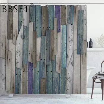 

BBSET Rustic Country Life Theme Shower Curtain Blue Grey Wood Planks Pattern Waterproof Multi-size Douchegordijn Bathroom Decor