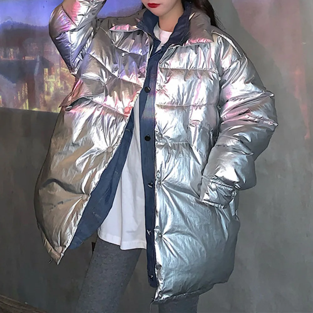 

Winter Women Hip Hop Cotton Padded Jacket Fake Two-piece Denim Stitching Coat Shiny Surface Young Fashion Autumn Casual Loose