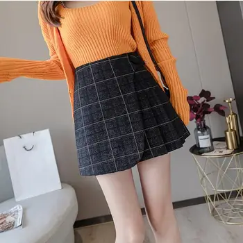 

2019 Woman Skirts Woman A-Line Skirts Button Sexy Grey High Waist Vintage Lattice Plaid Skirts For Women
