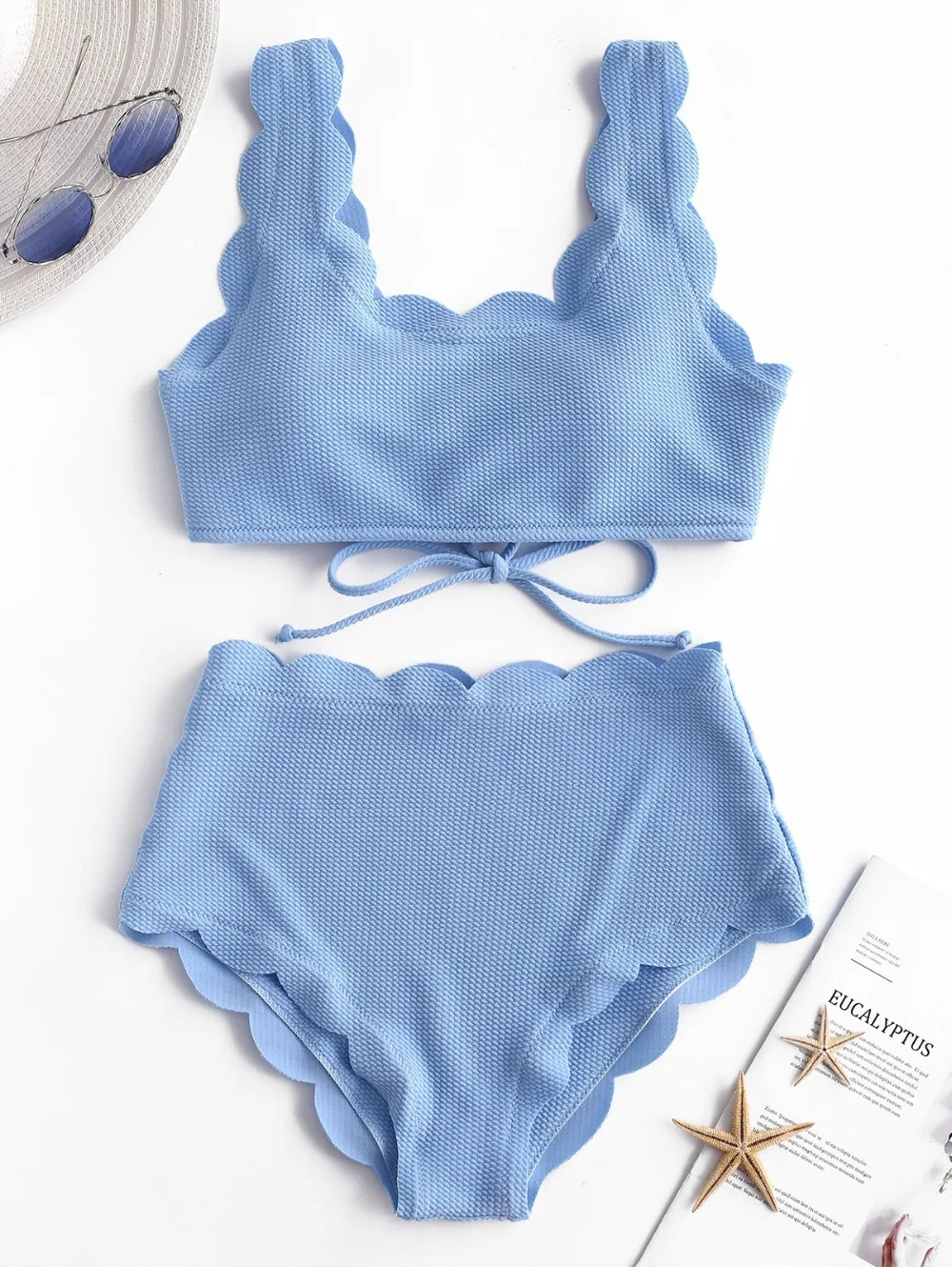 Bikini Set Women Swimwear Bikini Swimsuit Women Scalloped Textured High Waisted Solid Two Pieces Beach Bathing Suits Lace up