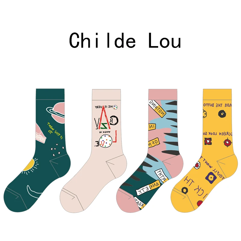 

LOUGONGZI Custom Print Socks Funny Creative Happy Color Different Art Pattern Cotton Fashion Classic Painting Geometric Sox