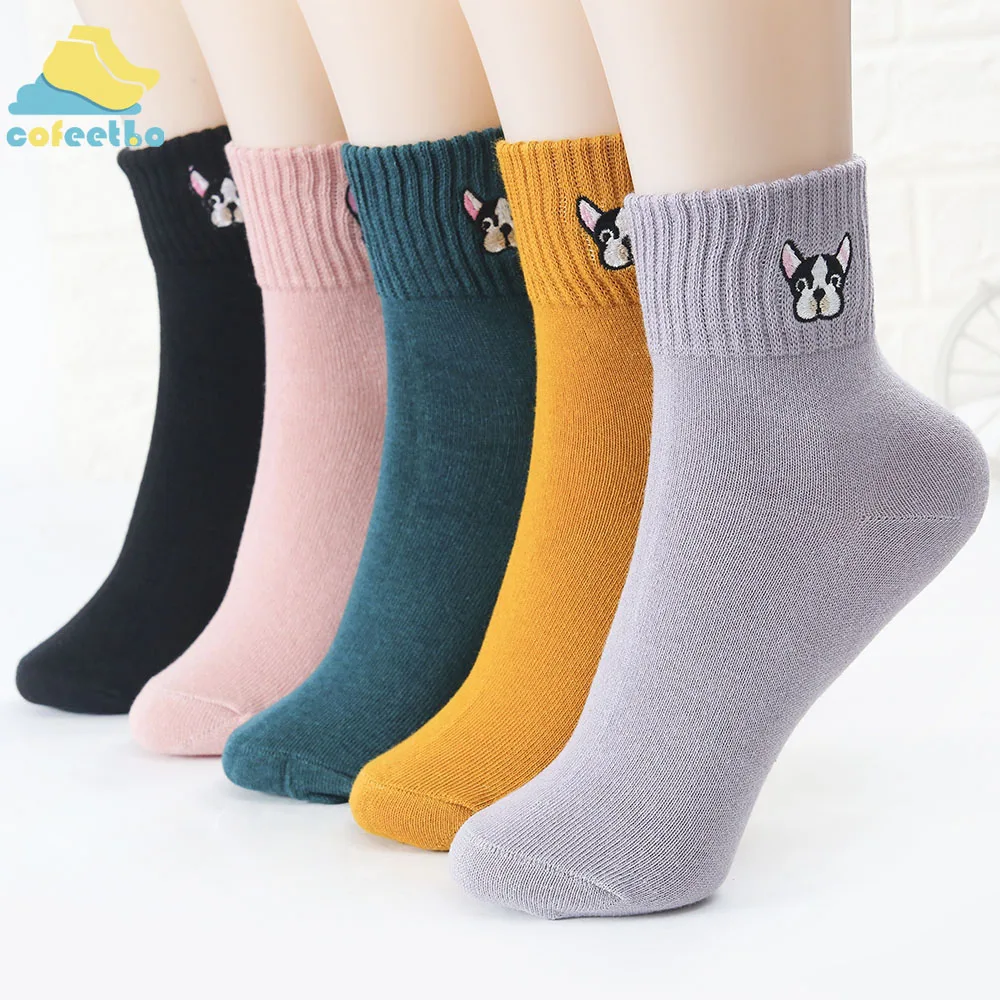 Милые короткие носки с вышивкой в виде собаки из мультфильма; забавные повседневные хлопковые носки в стиле Харадзюку для девочек и женщин; модные мягкие удобные теплые носки
