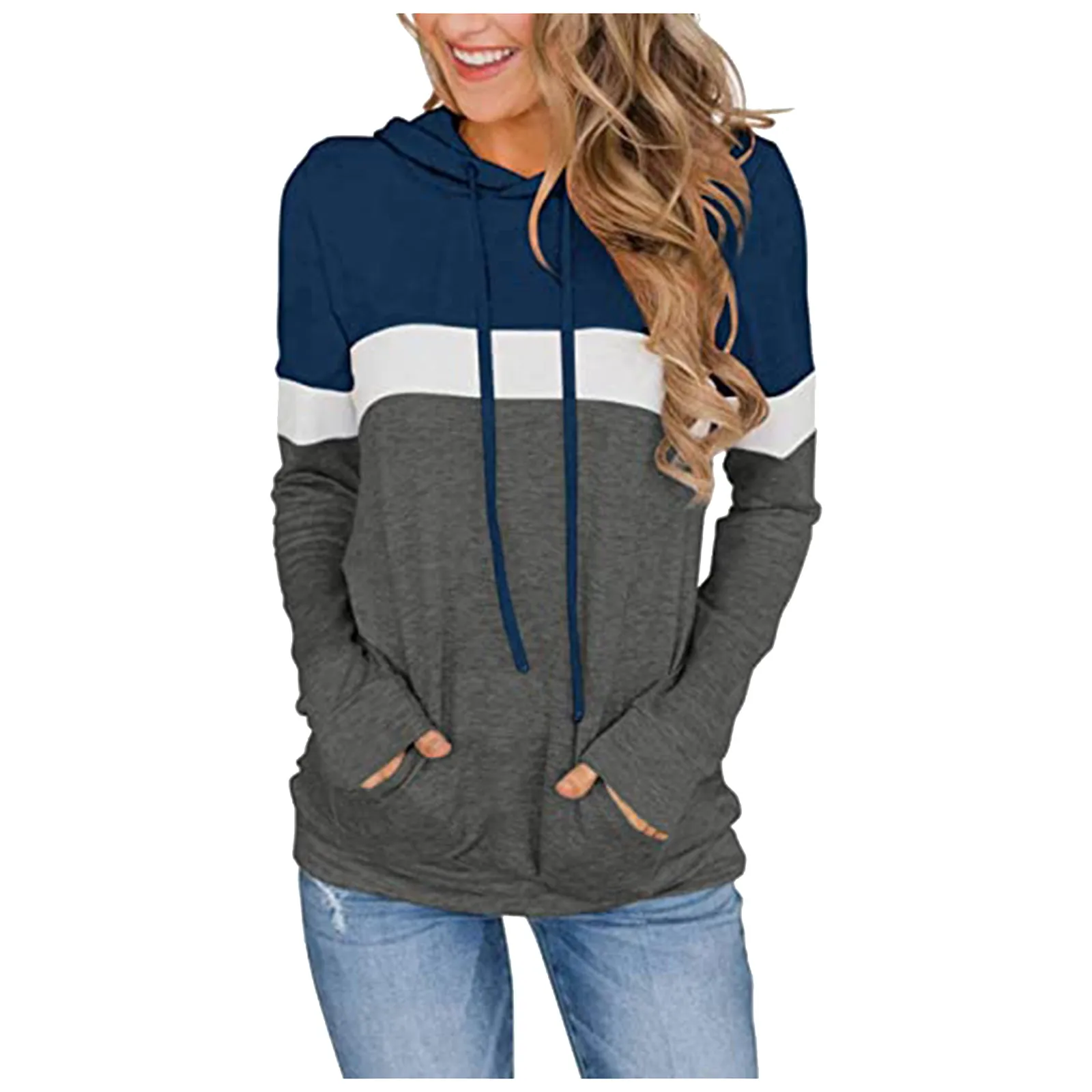 Cenlang Women's Casual Color Block Hoodies Tops Shirts Fall Long Sleeve Drawstring Pullover Plus Size Striped Printed Sweatshirts with Pocket 