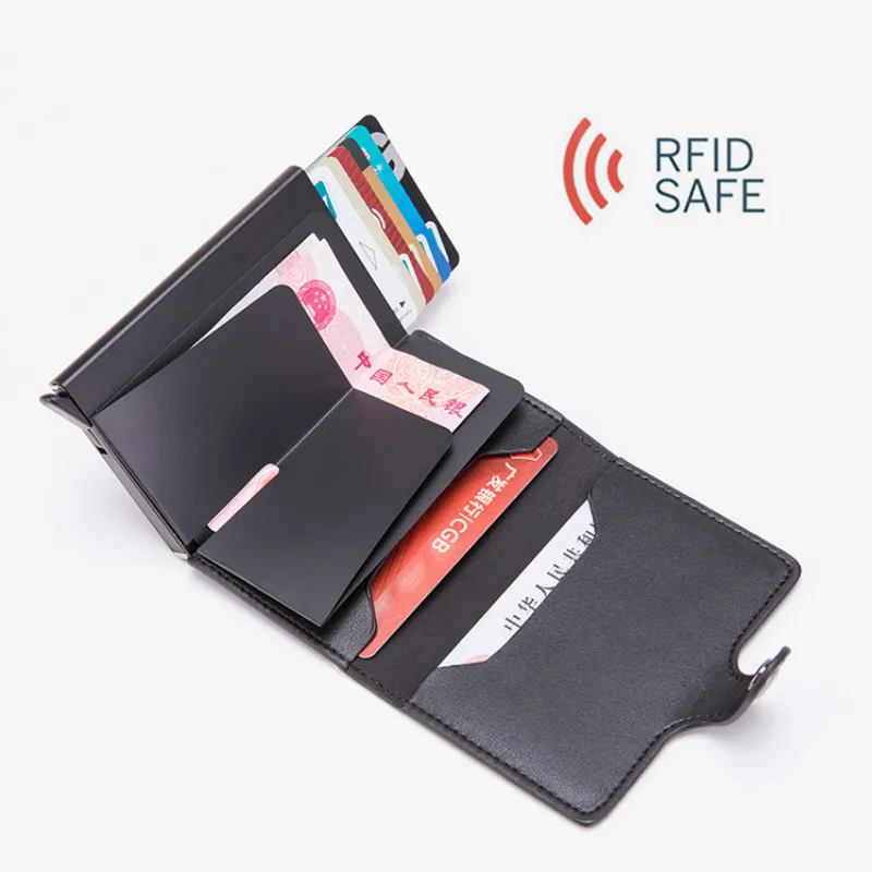 

2019 Metal Men Card Holder RFID Aluminium Alloy Credit Card Holder PU Leather Wallet Antitheft Wallets Automatic Up Card Case