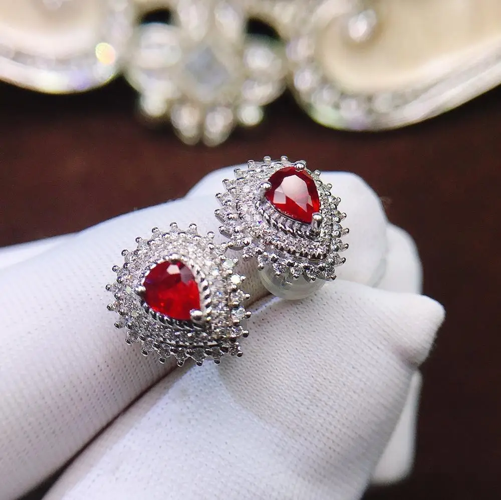 

Ruby Earrings Real Pure 18 K Gold AU750 Nature Red Ruby 1.0ct Female's Fine Earrings Fine Christmas Gift women Stud Earrings