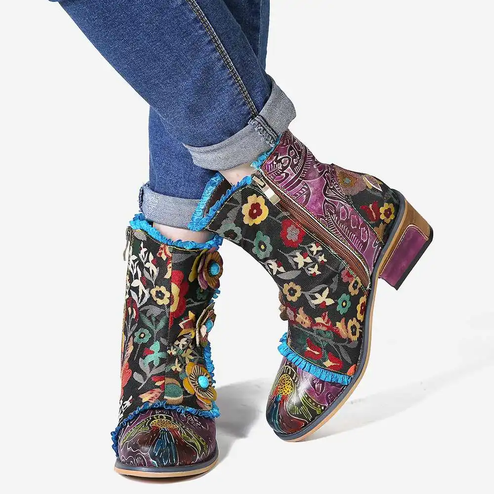 SOCOFY полусапожки на плоской подошве из натуральной кожи с ручной росписью в стиле ретро ; цвет синий ; элегантная обувь ; женская обувь ; botas Mujer