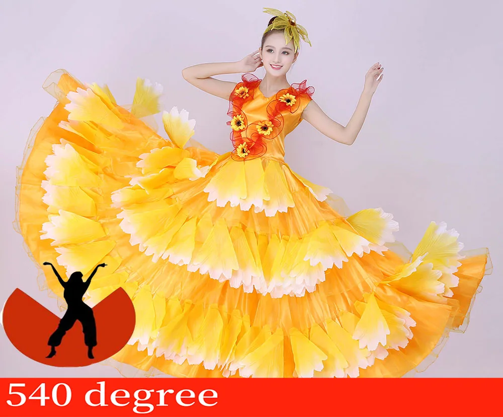 yellow 540 Испанская коррида фламенко платья для женщин девушки живота платье с широкой юбкой для танцев лепесток юбка современный танец Испания юбки фламенко SL1461 - Цвет: yellow 540