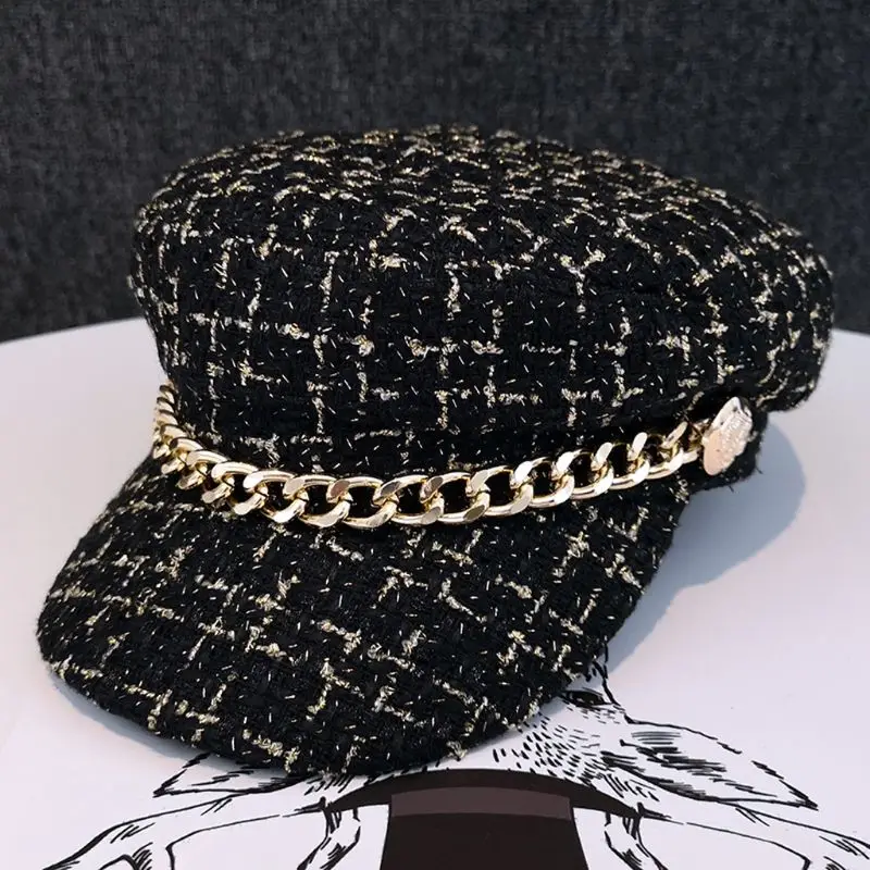 Женская винтажная твидовая шапка с металлической цепочкой, зимняя шапка в стиле ретро, Плоские береты, теплые шапки, Женская клетчатая Молодежная шапка LX9E