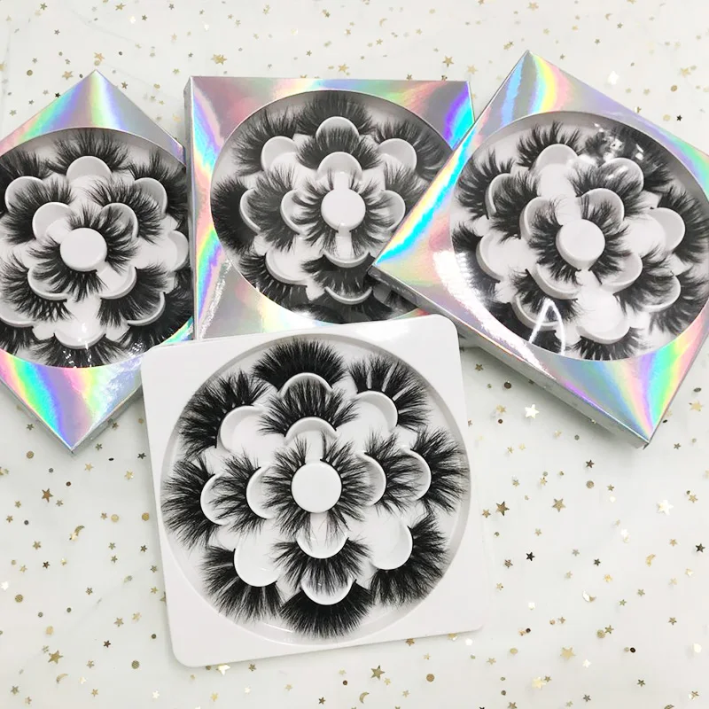 3D Mink Eyelash 7 Pairs Flower Trays 25mm Mink Lash with Holographic Packaging