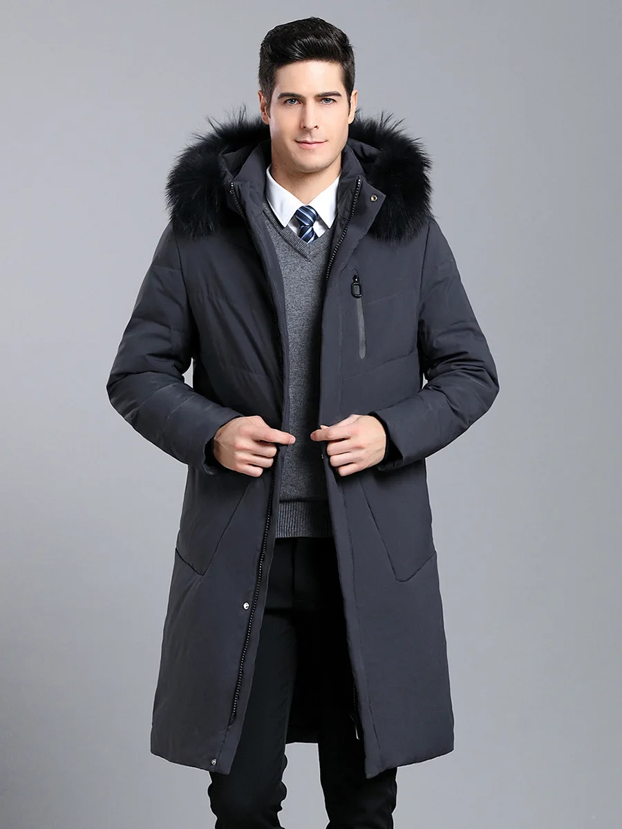Зимний пуховик мужской длинный выше колена толстый Корейский вариант большой меховой воротник супер длинный большой размер пальто Doudoune Homme - Цвет: gray
