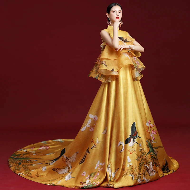 

stand collar ruffled butterfly printing vintage long dress gown stuido/photo shooting/Ball stage performance/can customs size