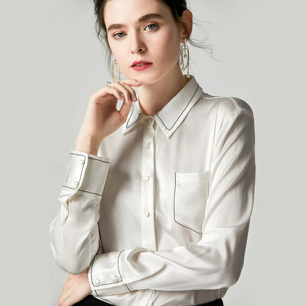 Natural Silk Blouses Autumn Hot Sale Beading Turn-down Collar One Pocket Long Sleeve Black White Office Lady Shirts