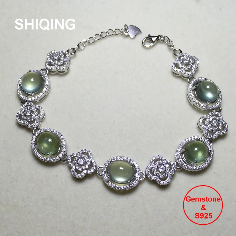 SHIQING мода драгоценный камень природа зеленый prehnite 925 стерлингового серебра Роскошный цветок красавица браслет для жены