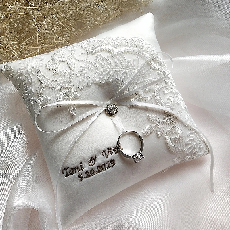 Wedding Ceremony White Wedding Ring Bearer Pillow with embroidery 